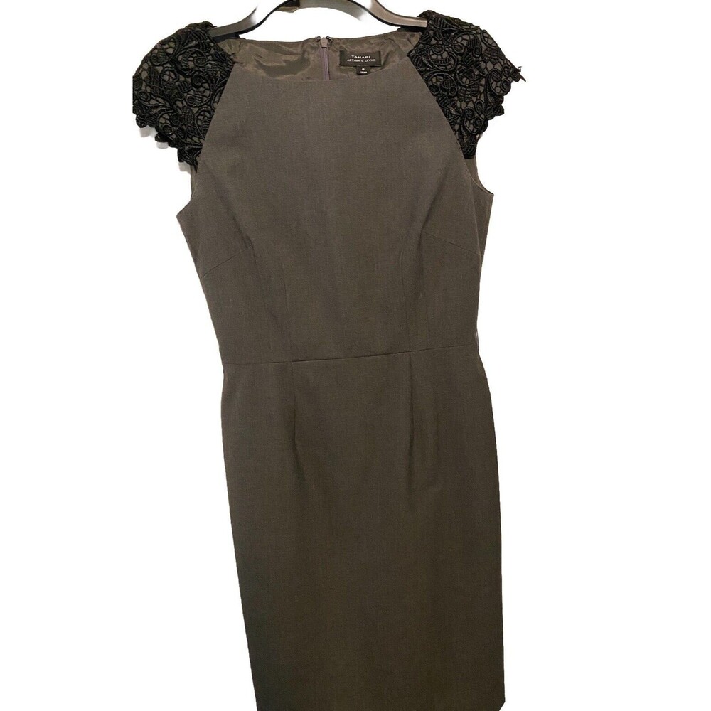 Tahari Dress Gray - Black Lace Cap Sleeves Sz-4 lined sheath any occasion